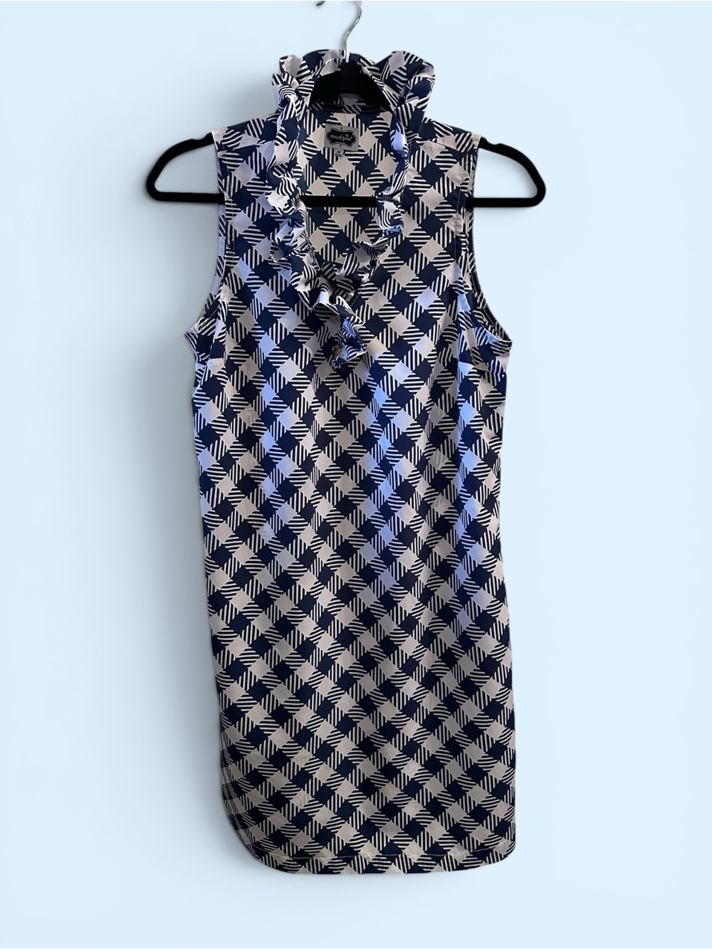 Mud Pie Sleeveless Ruffled V-Neck Printed Shell Top - Navy & White- EUC